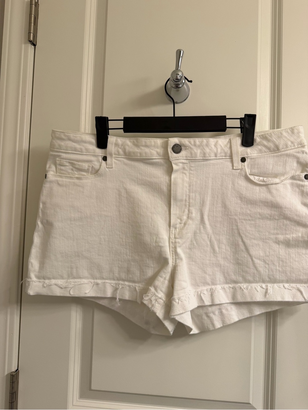PAIGE White Denim Frayed Hem Shorts